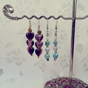 Earrings Pierced Handcrafted unique Design Purple Glass Hearts & TurquoiseSilver